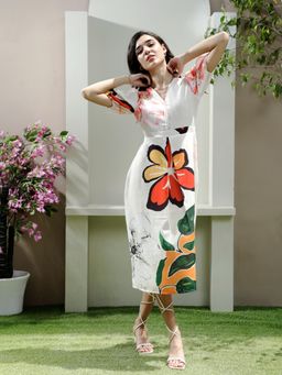 AAREIN - Off White Linen Floral Midi Dress