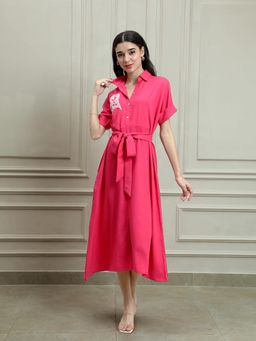 AAREIN - Fuchsia Pink Linen Embellished Shirt Midi Dress