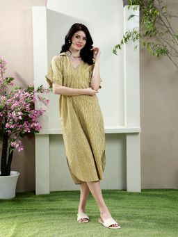 AAREIN - Women Green Shirt Collar Striped Cotton Midi Dress