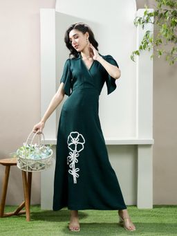 AAREIN - Bottle Green Embroidered Linen Maxi Dress