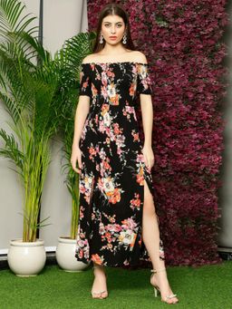 DEBONATELLA - Black Floral Maxi Smocked Slit Maxi Dress