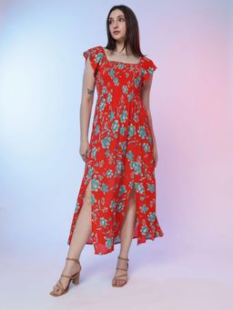 DEBONATELLA - Red Floral Maxi Smocked Slit Maxi Dress
