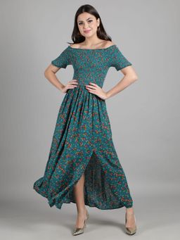 DEBONATELLA - Green Floral Maxi Smocked Slit Maxi Dress