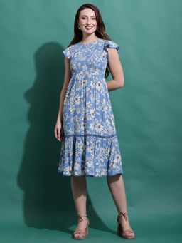 DEBONATELLA - Blue Floral Smocked Lace Midi Dress