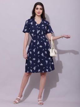 DEBONATELLA - Navy Blue Embroidered Knee Length Dress