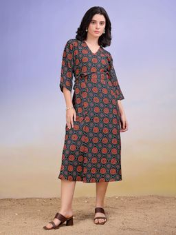 PURVAJA - Women Floral Printed Black Wrap Midi Dress