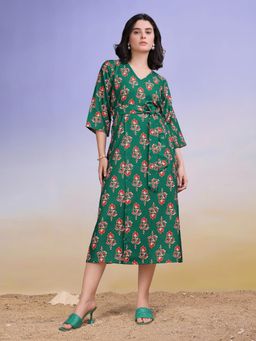 PURVAJA - Women Floral Printed Green Wrap Midi Dress