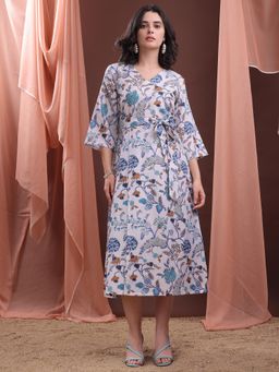PURVAJA - Women Floral Printed White Wrap Midi Dress