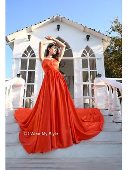BONICA CLOTHING - Orange Satin Halter Neck Prewedding Trail Maxi Dress