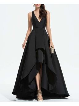 BONICA CLOTHING - Black V Neck With Ruffles Scuba Asymmetrical Evening Maxi Dress