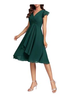 BONICA CLOTHING - Bottle Green Drape V Neck Knee Length Dress