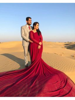 BONICA CLOTHING - Cherry Red Full Sleeves Mega Trail Prewedding Gown