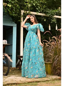 BONICA CLOTHING - Green Elope Floral Organza Ruffled Sleeved Maxi Dress