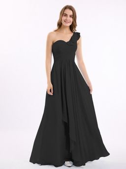 BONICA CLOTHING - Black One-Shoulder Floor-Length Shoulder Trail Evening Maxi Dress