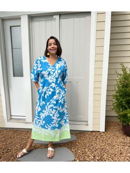 Label Tanvee - Blue Green Floral Printed Cotton Kaftan Midi Dress