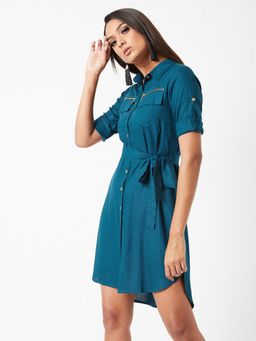 Miss Chase - Womens Teal Collared Three-fourth Sleeved Solid Knee-length Shirt Dress