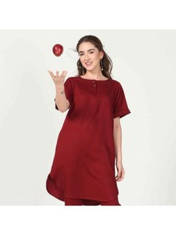 Saltpetre - Women Solid Tencel Maroon Boat Neck Knee Length Tunic