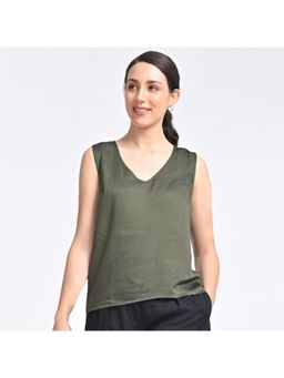 Saltpetre - Women Modal Olive Solid V-Neck Sleeveless Top