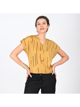 Saltpetre - Women Modal Mustard Cedar Print V Neck Short Sleeve Top