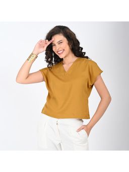 Saltpetre - Women Modal Mustard Solid V Neck Short Sleeve Top