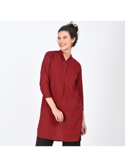 Saltpetre - Women Solid Organic Cotton Maroon Close Mandarin Neck Tunic
