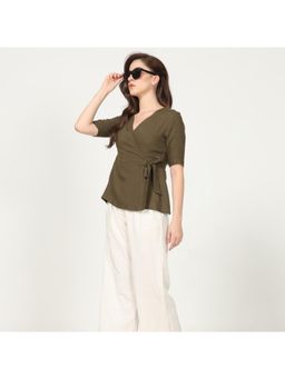 Saltpetre - Women Solid Organic Cotton Olive Wrap Top