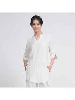 Saltpetre - Women Linen Solid White Split V-Neck Tunic