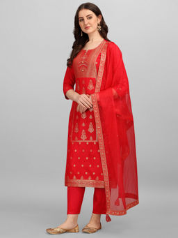 Seerat - Red Panal Jacquard Top With Organza Dupatta And Palazzo (set Of 3)
