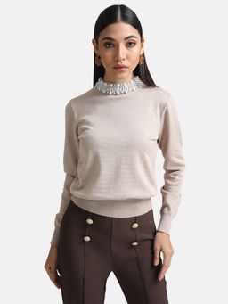 Kazo - Beige Pullover With Pearl Embellishment At Neck