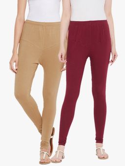 TULSATTVA - Multicolour Cotton Lycra Ankle Length V Cut Leggings (Pack Of 2)