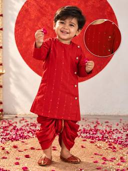 Vastramay - Infant Boys Red Viscose Blend Kurta and Dhoti Pant