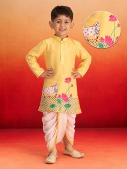 Vastramay - Boys' Yellow & White Block Print Kurta & Pyjama Set