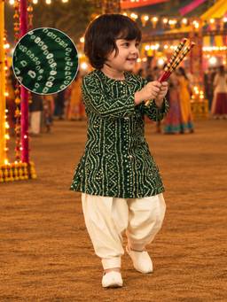 Vastramay - Boys' Green Bandhani Kurta & Patiala Set