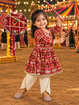 Vastramay - Girls' Red Angrakha Style Patola Print Kurta & Dhoti Set