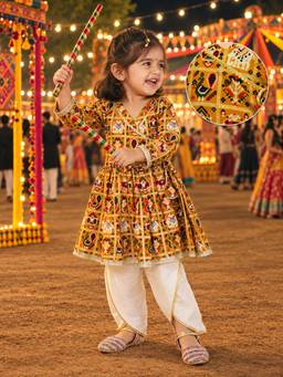 Vastramay - Girls' Yellow Angrakha Style Patola Print Kurta & Dhoti Set