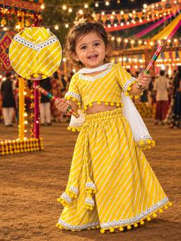 Vastramay - Girls' Yellow Lehariya Lehenga Choli with Dupatta