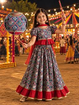 Vastramay - Blue Printed Mid Waist Lehanga Choli With Dupatta