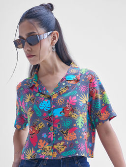 TOKYO TALKIES - Women Navy Blue Lion King Cuban Collar Boxy Fit Crop Shirt