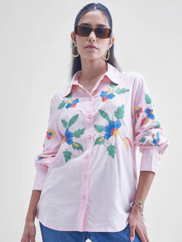 TOKYO TALKIES - Women Pink Floral Embroidered Button Down Shirt