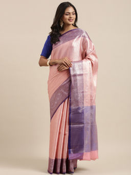 Banarasi Silk Works - Pink Kanchi Silk Zari Jamawar Border Saree with Unstitched Blouse