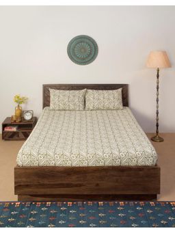 Fabindia - Olive Cotton Printed Single Bedsheet with 1 Pillow Cover