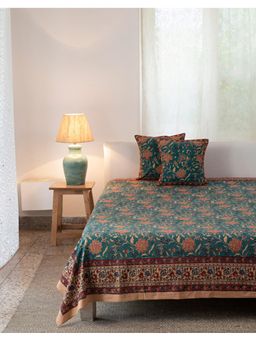 Fabindia - Teal Mehulika Cotton Printed Double Bedsheet