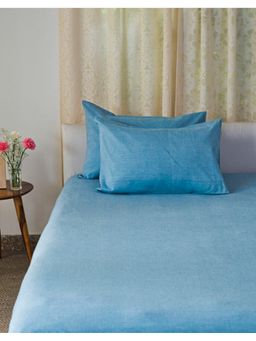 Fabindia - Blue Chambray Cotton Double Bedsheet with 2 Pillow Covers