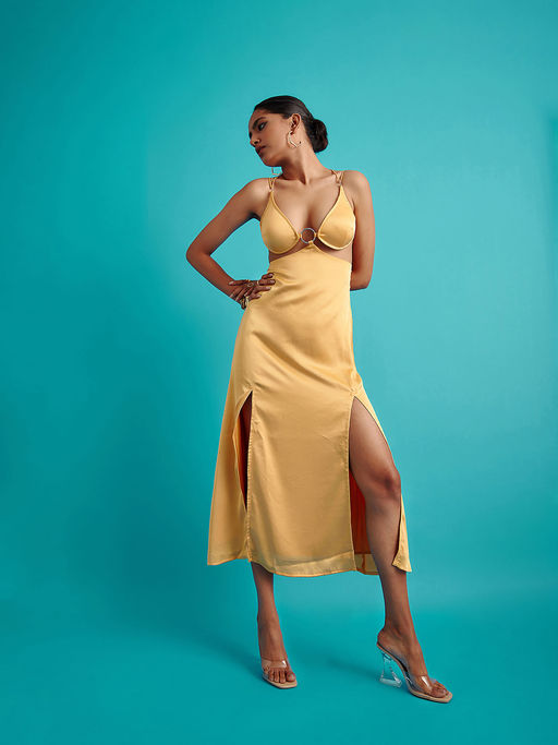 Buy The Clothing Factory Yellow O-Ring Satin Slip Midi Dress Online