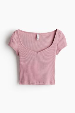 H&M - Women Pink Ribbed Sweetheart-Neck T-Shirt
