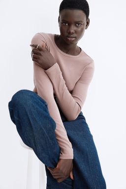 H&M - Women Beige Long-Sleeved Jersey Top