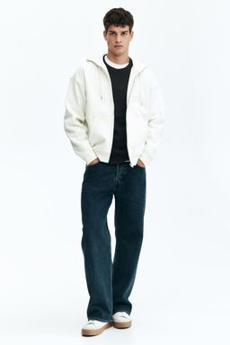 H&M - Men White Loose Fit Zip-Through Hoodie