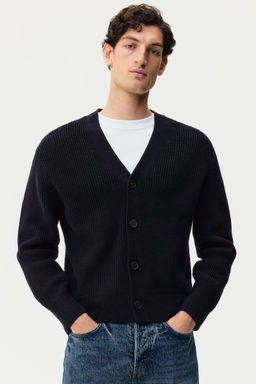 H&M - Men Blue Relaxed Fit Rib-Knit Cardigan