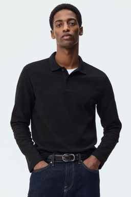 H&M - Men Grey Slim Fit Long-Sleeve Polo Shirt