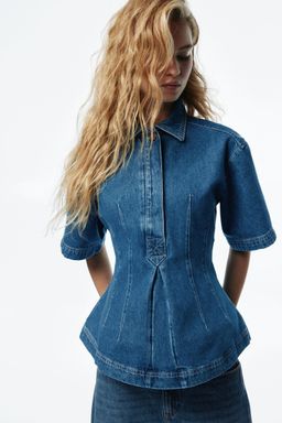H&M - Women Blue Waisted Denim Shirt